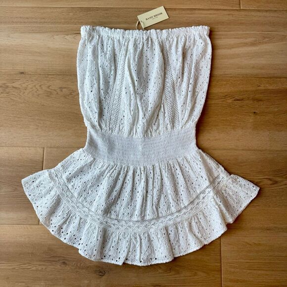 Ramy Brook Hilaria Eyelet Dress NWT White L Strapless Mini Smocked Cotton Boho - Picture 5 of 9